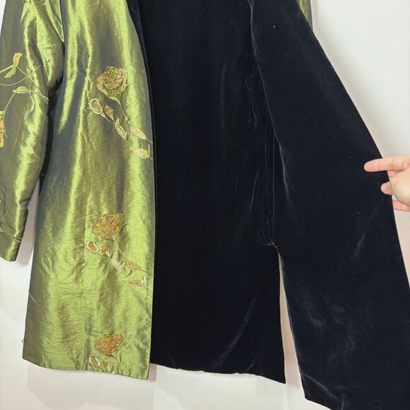 Iridescent Green Satin Velvet Jacket Embroidered Reversible Floral Women L MotB - Picture 4 of 11